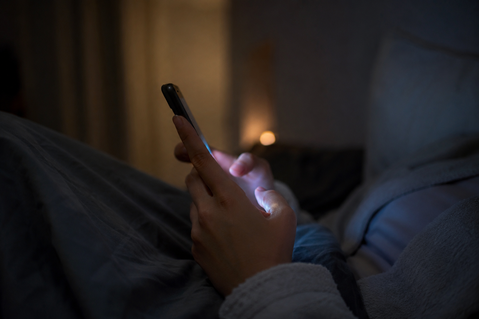 夜、ベッドの中でスマートフォンを手に持ち、静かに画面を見ている手元